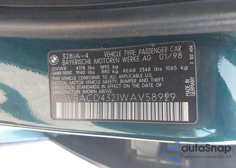 1998 BMW 328I z USA, uszkodzony, nr VIN WBACD4321WAV58929